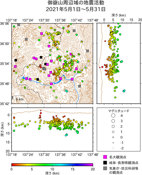 御嶽山周辺域の地震活動/2021年5月1日〜5月31日