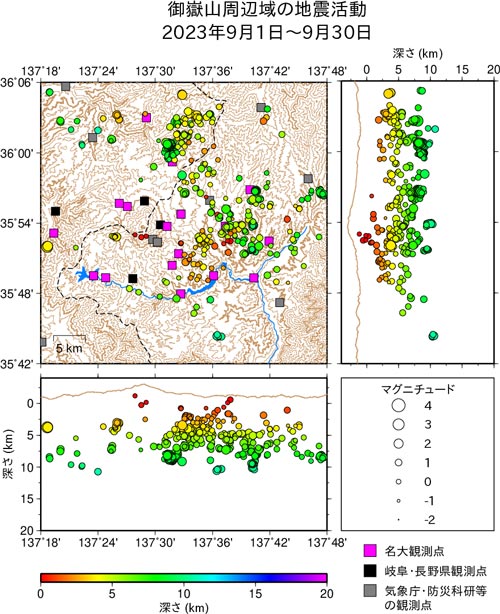 御嶽山周辺域の地震活動/2023年8月1日〜9月30日