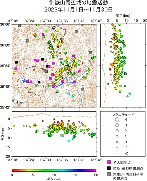 御嶽山周辺域の地震活動/2023年11月1日〜11月30日