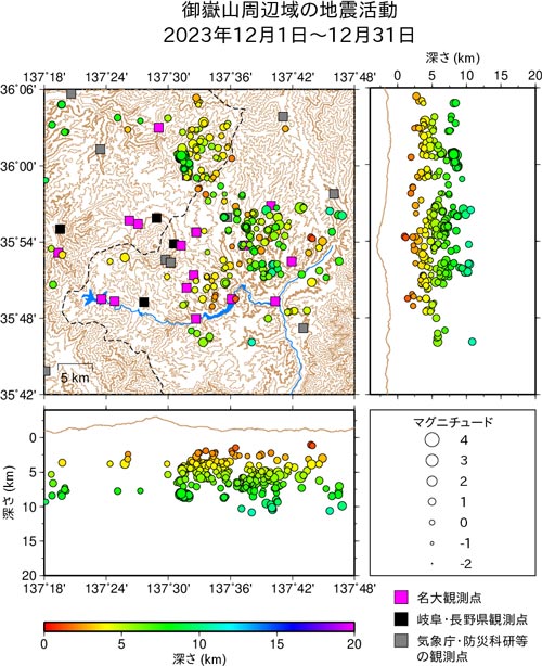 御嶽山周辺域の地震活動/2023年12月1日〜12月31日